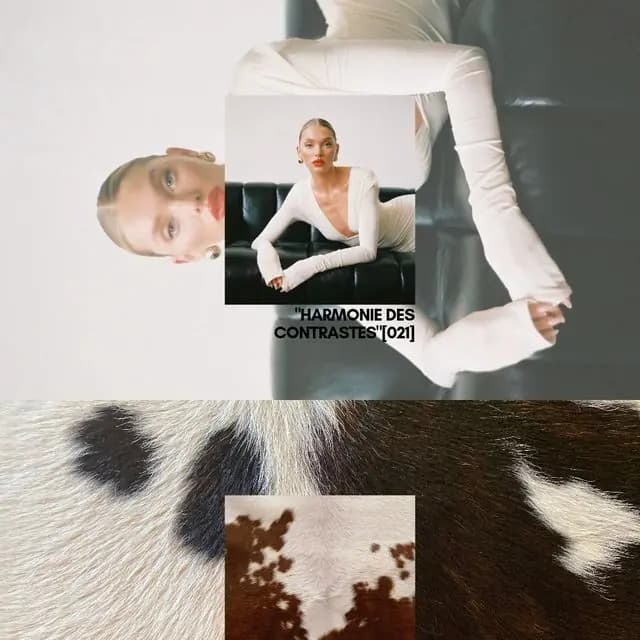 Collage « harmonie des contrastes » : robe blanche et texture de peau de vache