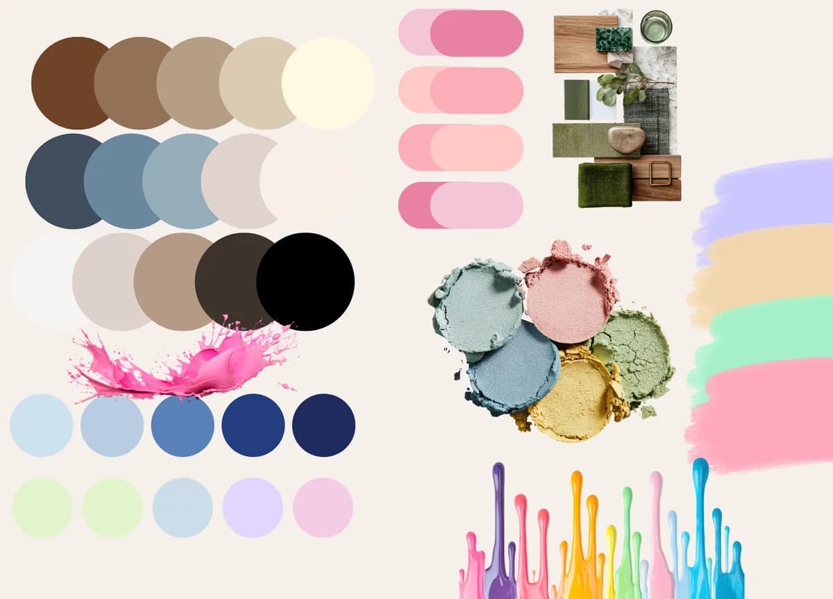 Planche de couleurs : bruns, beiges, bleus, roses, lilas et verts pastel