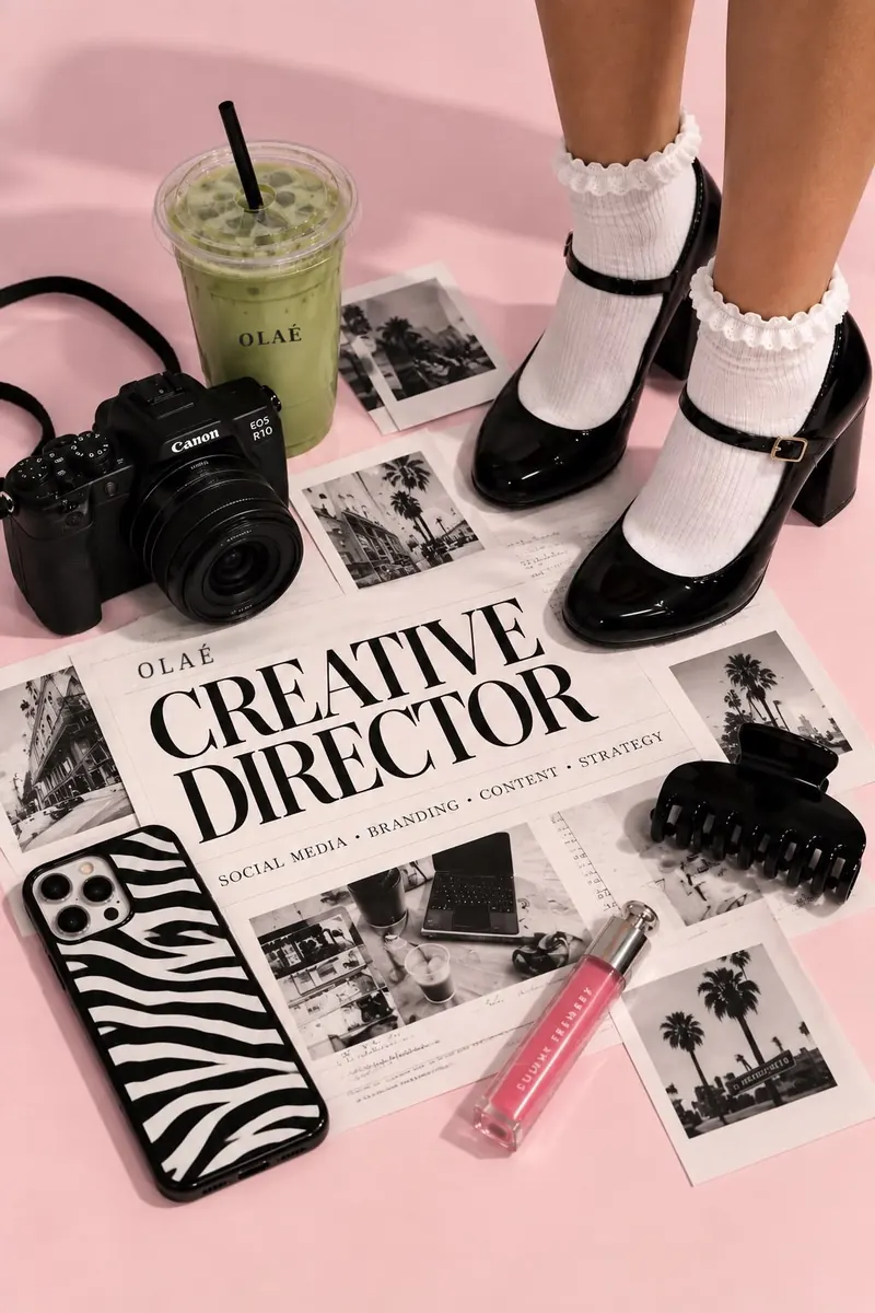 Bureau de créatrice de contenu Olaé : affiche « creative director », appareil photo, matcha, polaroïds de palmiers et escarpins vernis sur fond rose