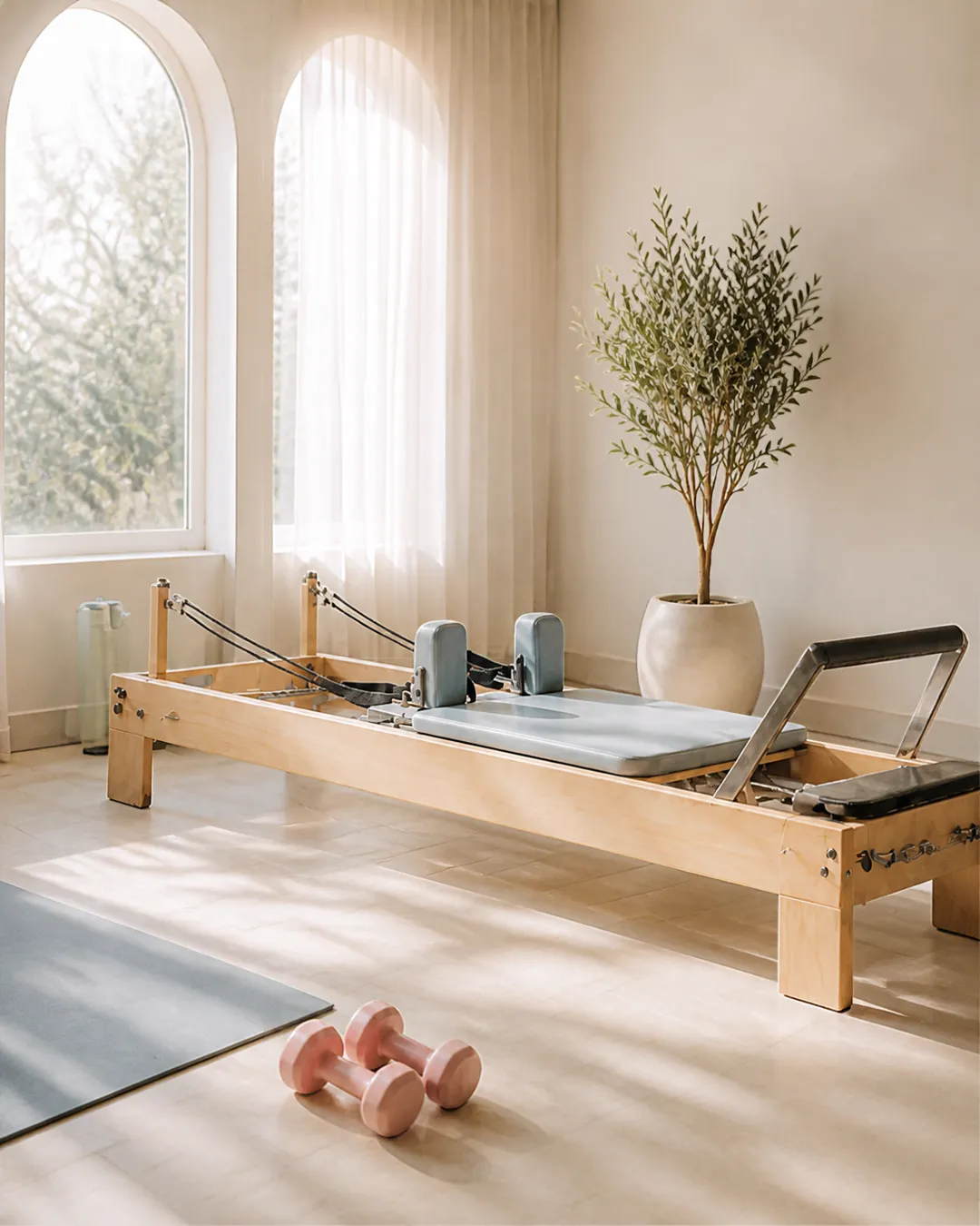 Estudio de pilates luminoso: reformer de madera clara, olivo y mancuernas rosa empolvado en el suelo