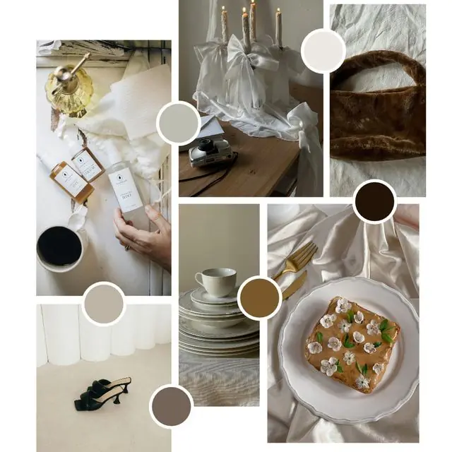 Moodboard art de la table : bougies, vaisselle crème et nuancier