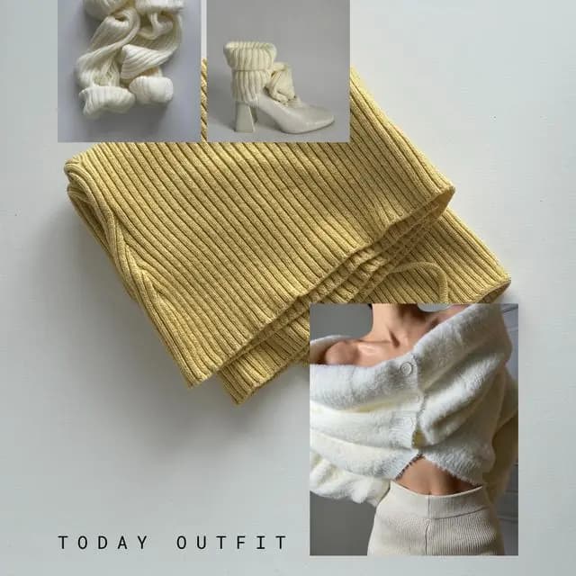 Planche « today outfit » : maille jaune, bottines et pull crème