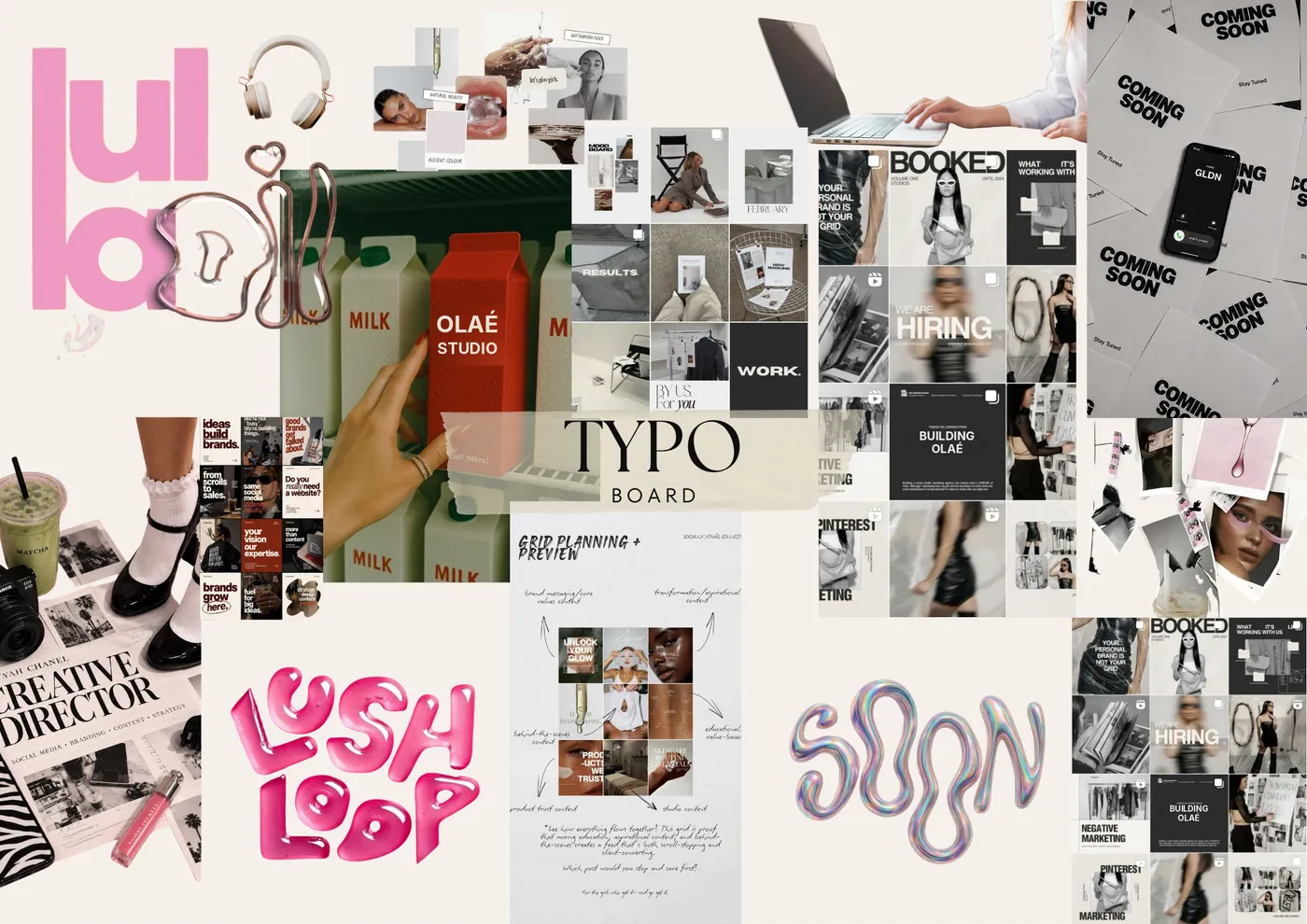 Typo board d'Olaé : lettrages 3D roses et irisés, titres éditoriaux, grille Instagram planifiée et inspirations